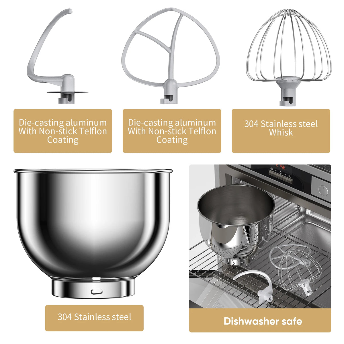 Accessoires et bol inox du robot pâtissier lavables au lave-vaisselle