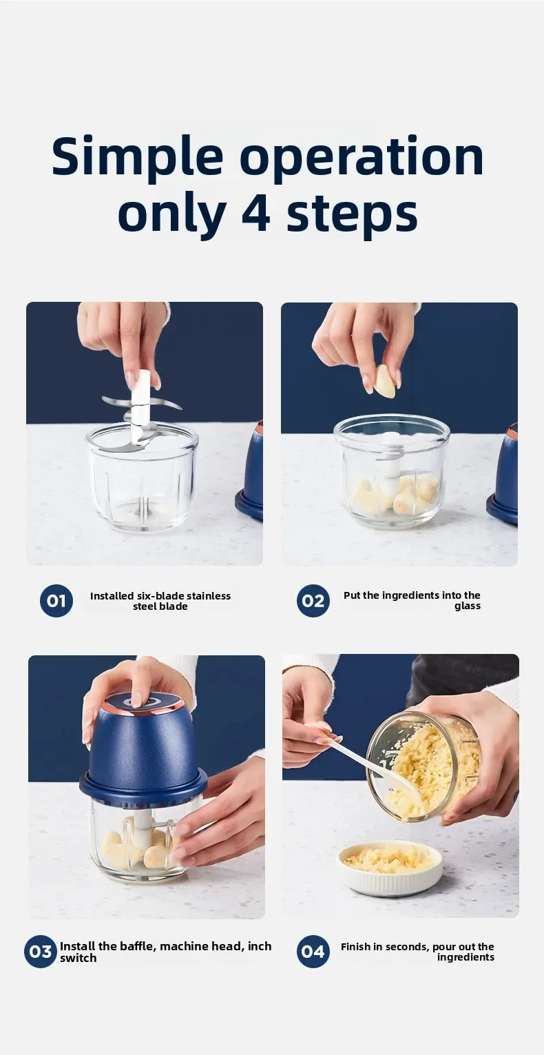 Mini Hachoir Électrique Sans Fil 350 ml — Bol en Verre, 6 Lames Inox, Batterie USB-C