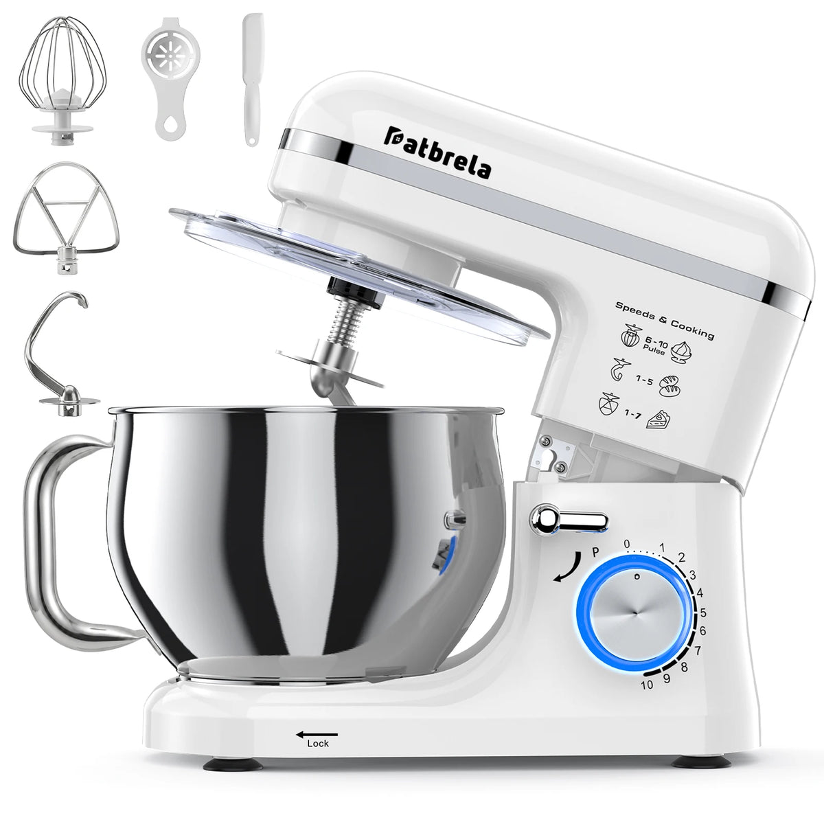 Robot pâtissier blanc avec bol inox 5 L et accessoires