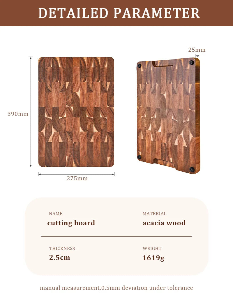 Planche à Découper en Acacia Massif 39 × 27,5 cm Grain Debout avec Poignées