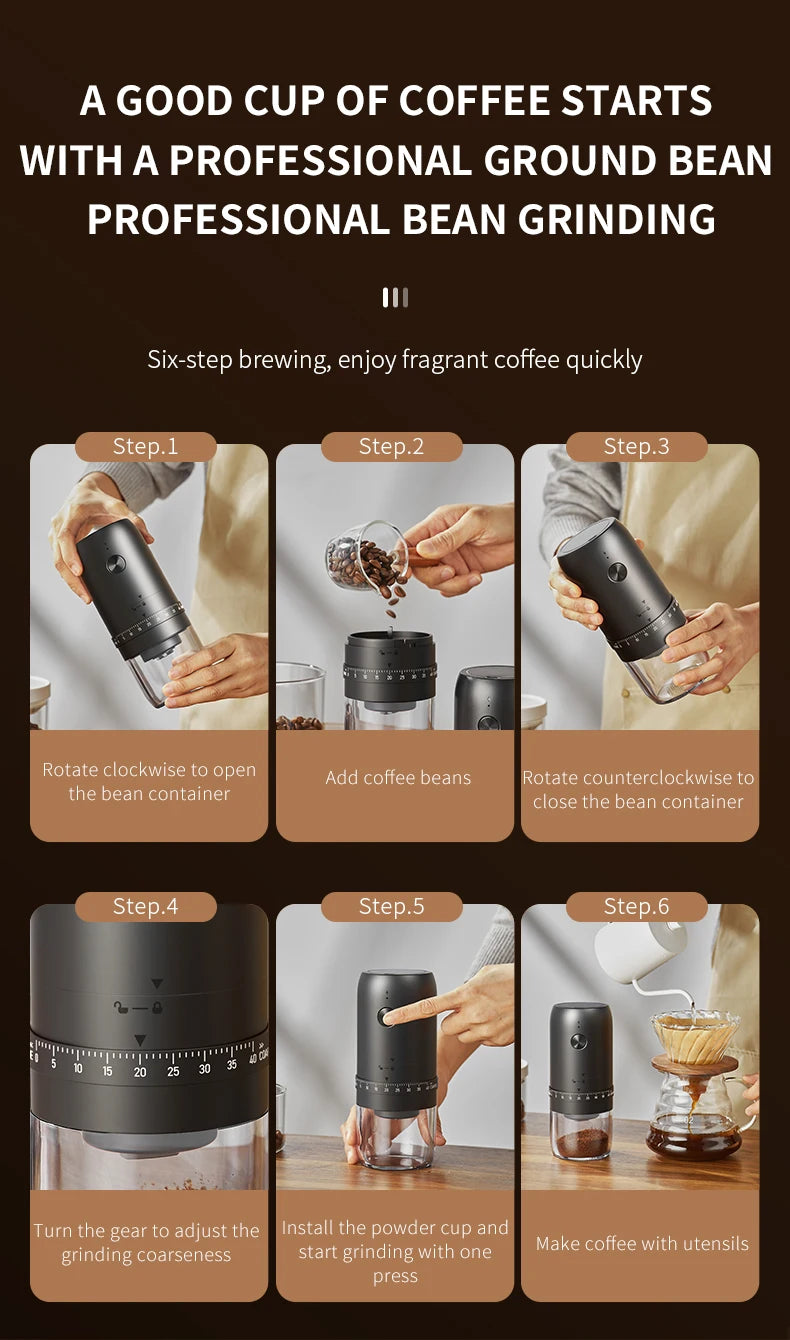 Six étapes pour moudre le café avec le moulin portable