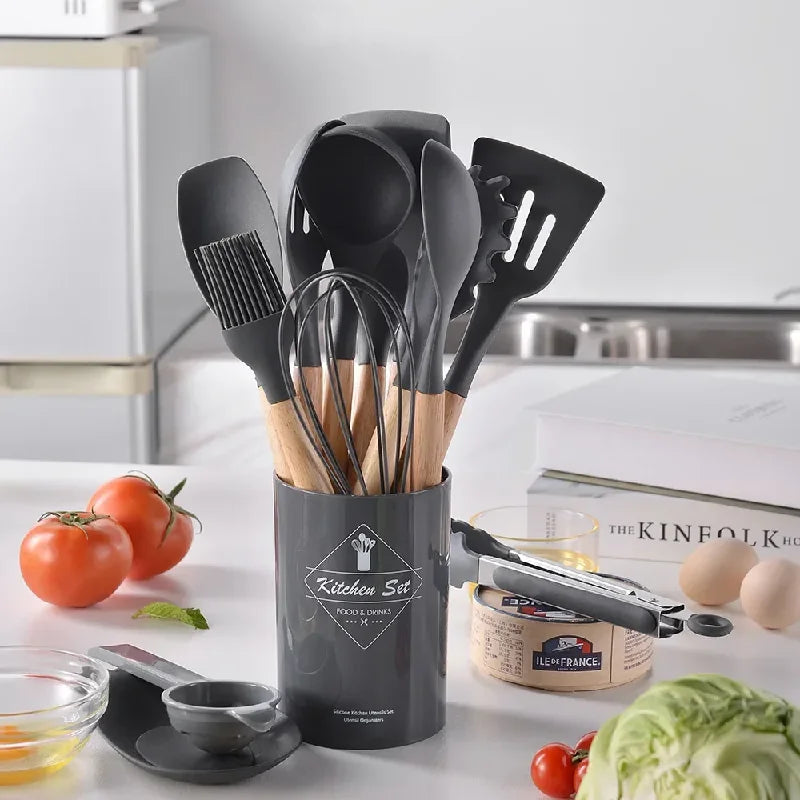 Set Ustensiles Silicone 12 Pieces avec Poignée en Bois - Cuisine
