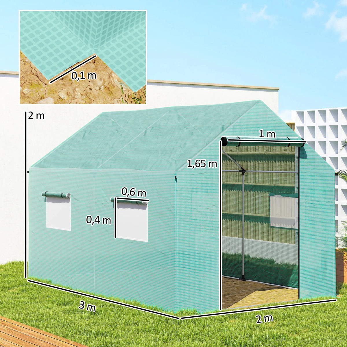 Serre de Jardin Tunnel 6 m² (2 × 3 m) — Bâche PE Anti-UV, 4 Fenêtres, Porte Enroulable, Armature Acier Galvanisé