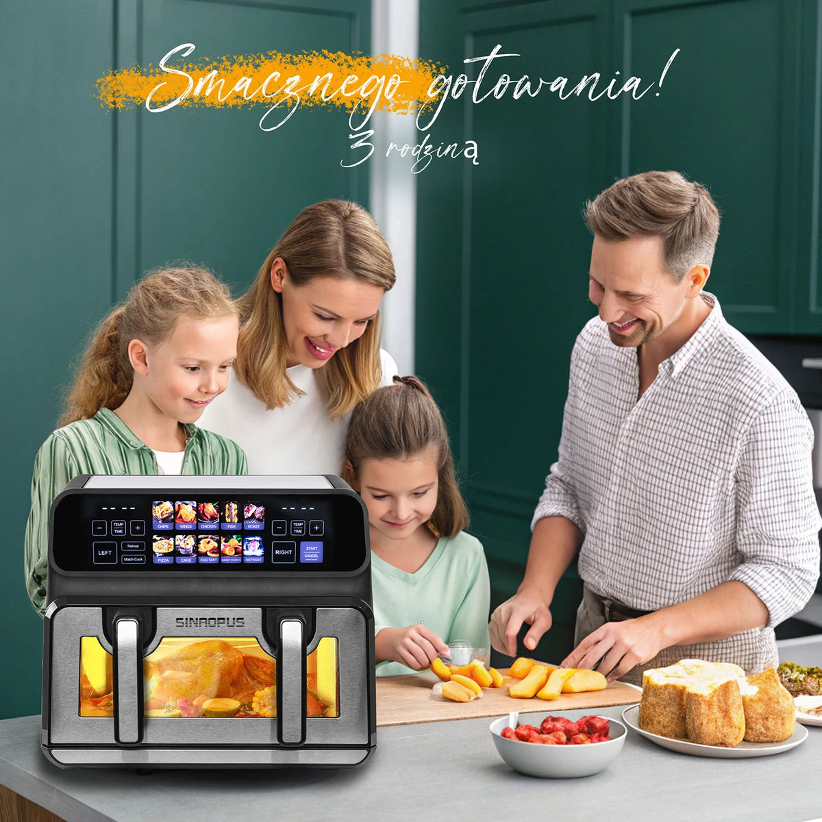 Famille préparant un repas avec l'air fryer 9 L