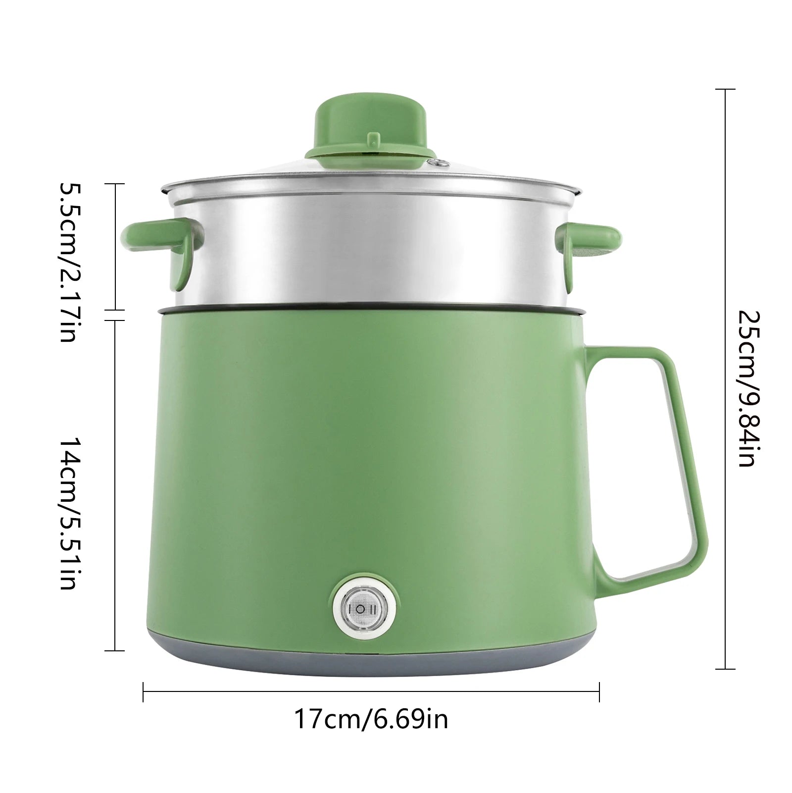 Dimensions du mini cuiseur vert : 17 cm de diamètre, 25 cm de haut