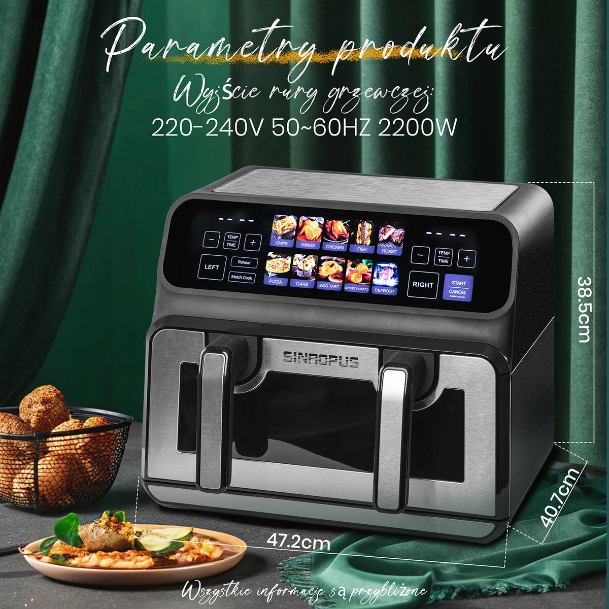 Dimensions de l'air fryer 9 L : 47,2 × 40,7 × 38,5 cm, 2200 W