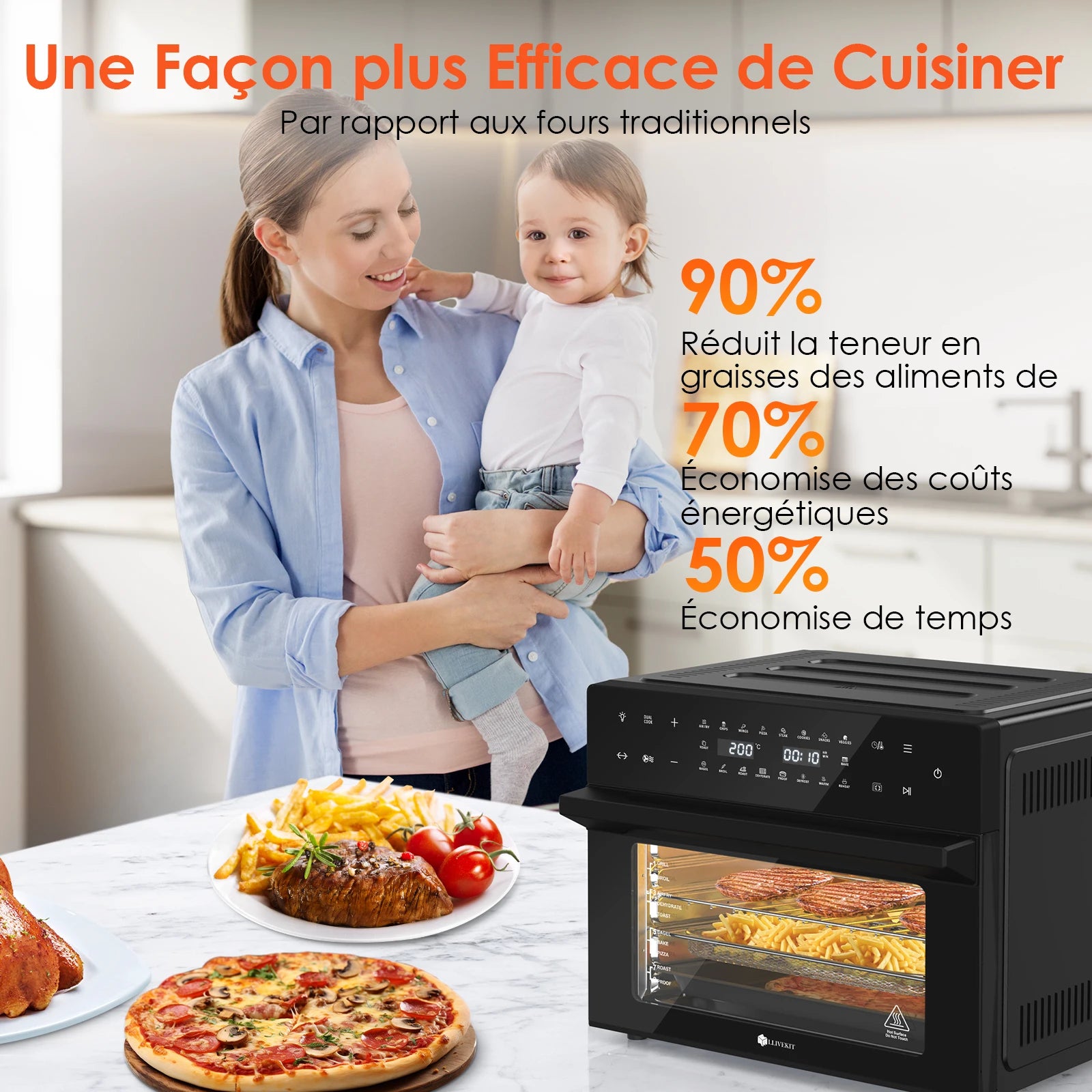Four air fryer 30 L dans une cuisine familiale avec pizza et frites