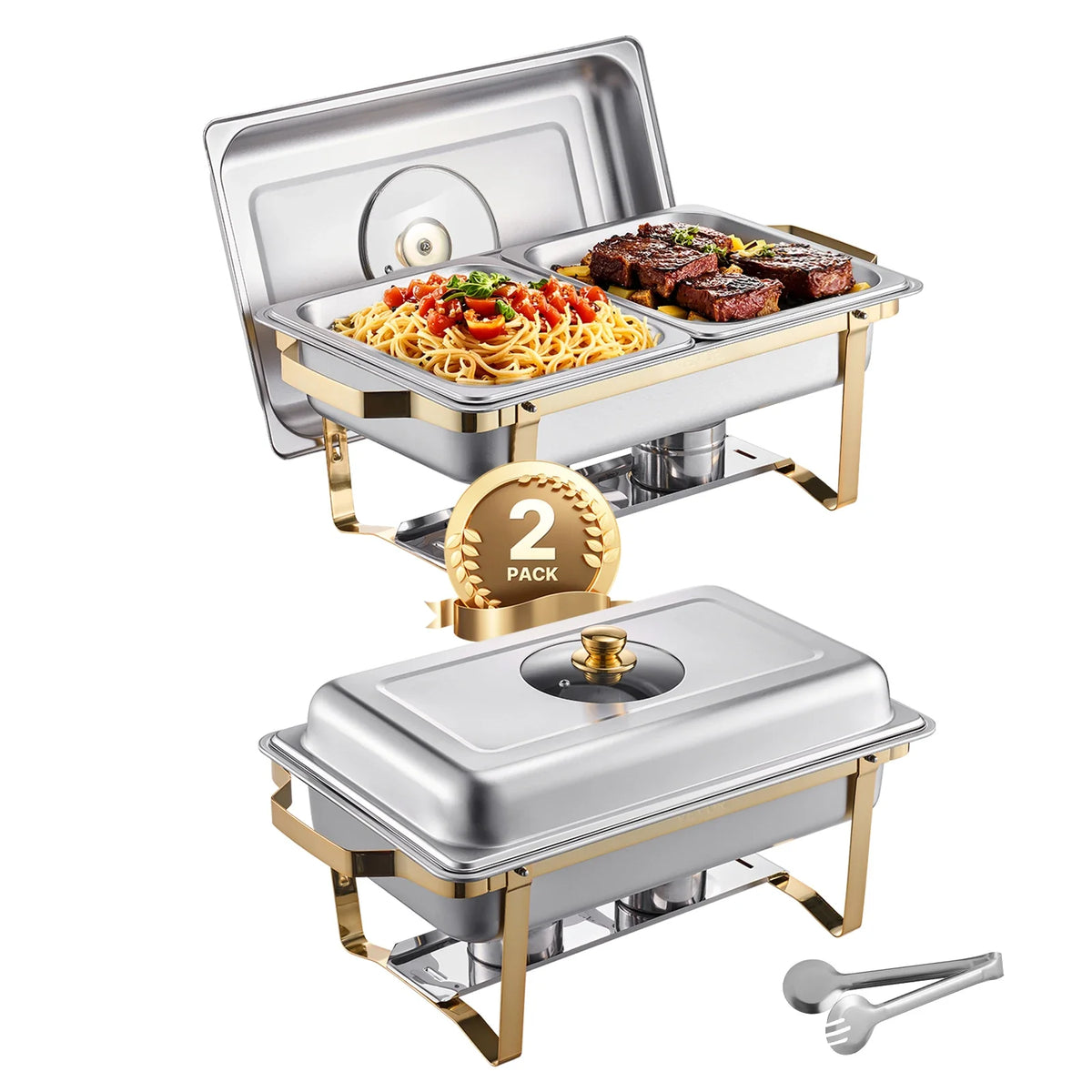 Lot de 2 chafing dishes inox dorés avec demi-bacs et pince de service