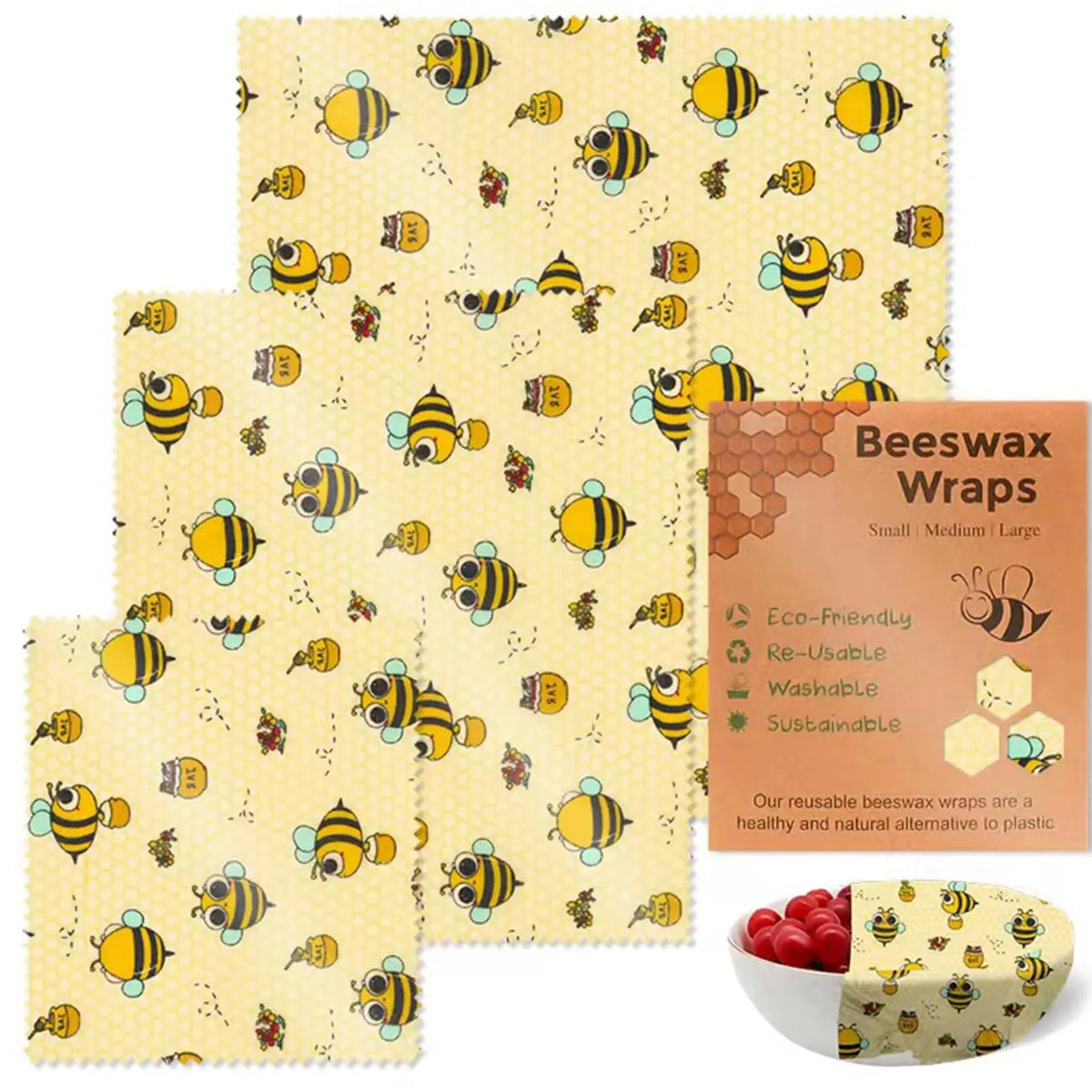 Film Alimentaire Réutilisable Cire d'Abeille – Lot de 3 Feuilles, 15 Motifs