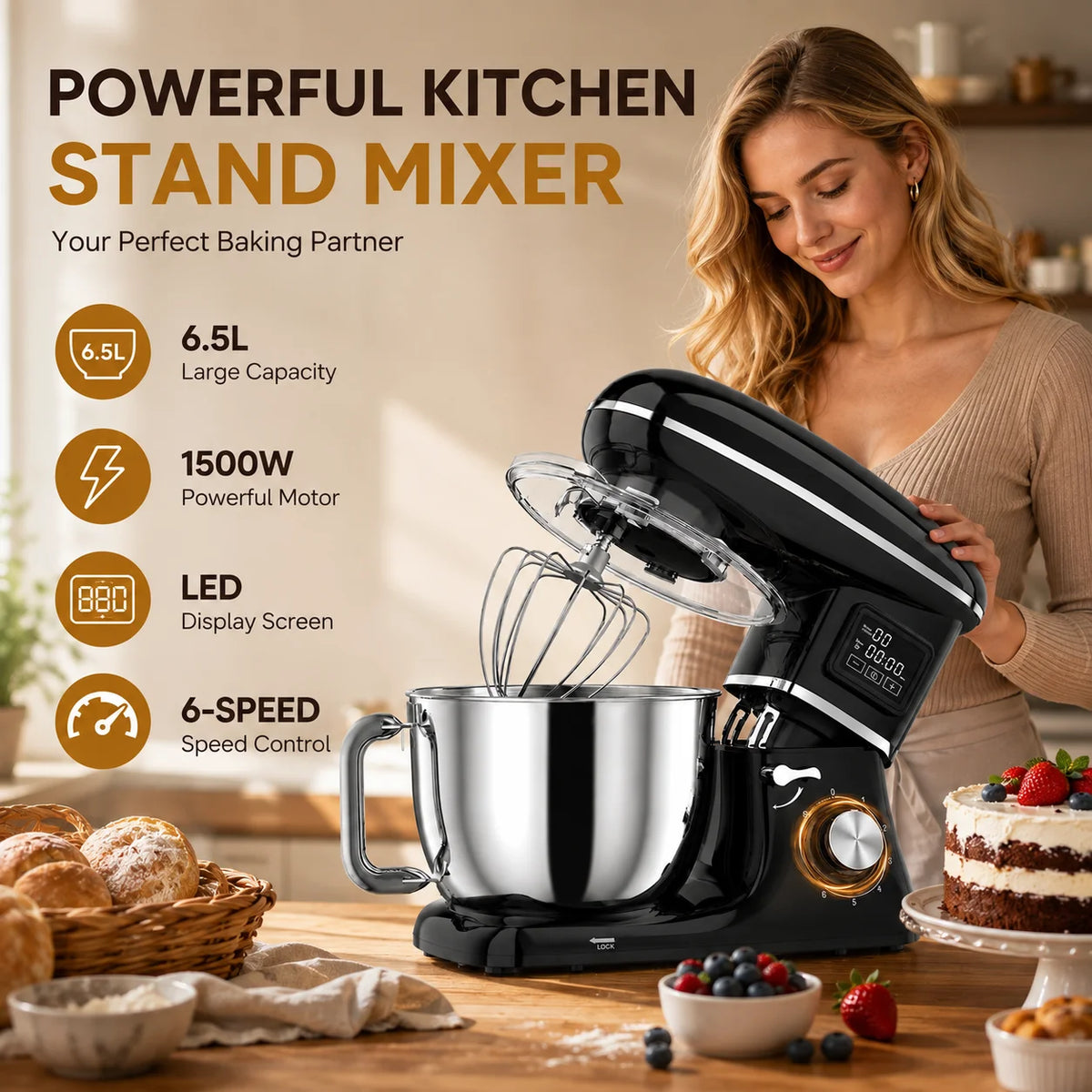 Robot pâtissier 6,5 L 1500 W noir à écran LED