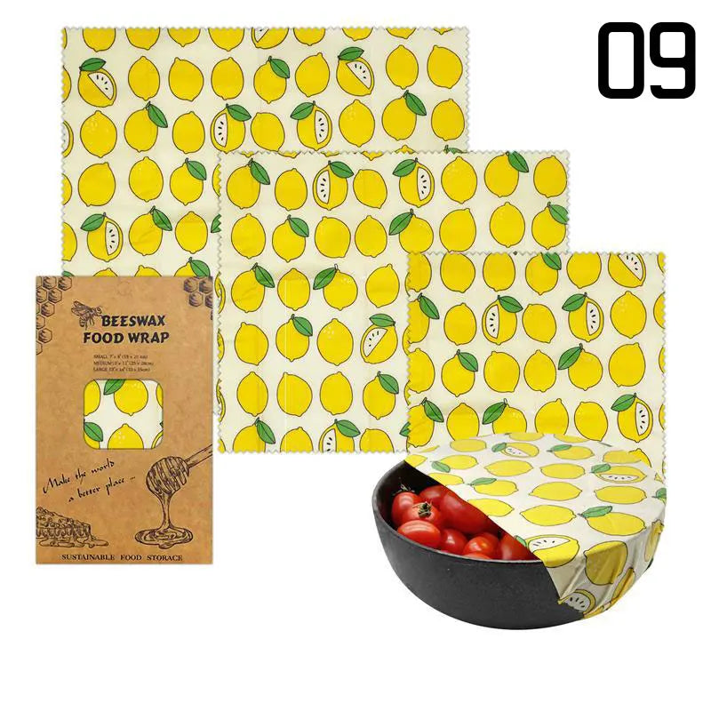 Film Alimentaire Réutilisable Cire d'Abeille Lot de 3 motifs fruités far