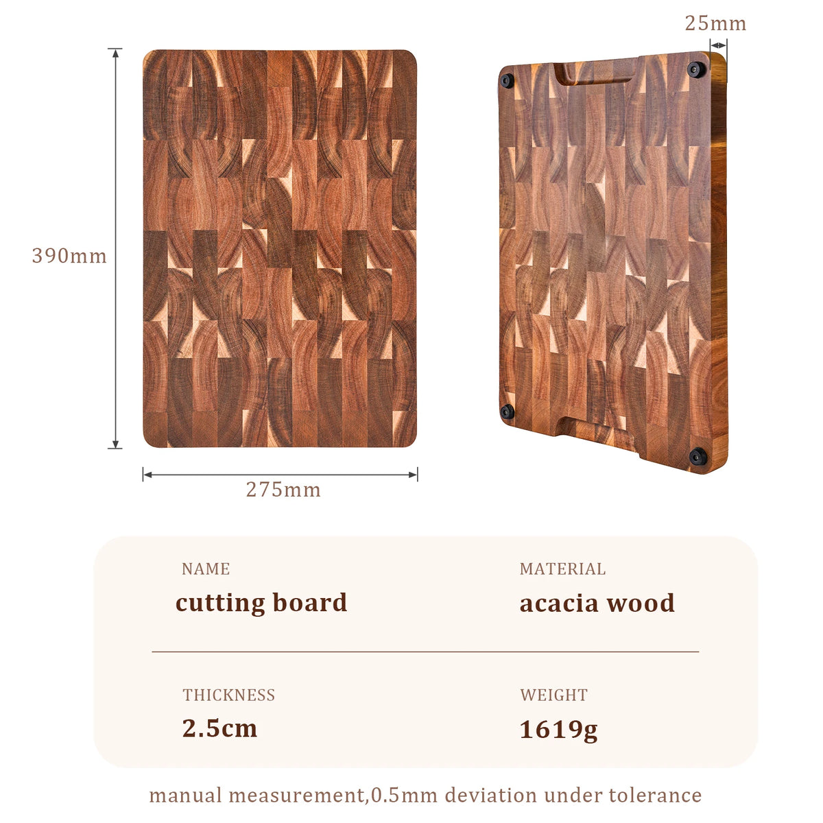 Planche à Découper en Acacia Massif 39 × 27,5 cm Grain Debout avec Poignées