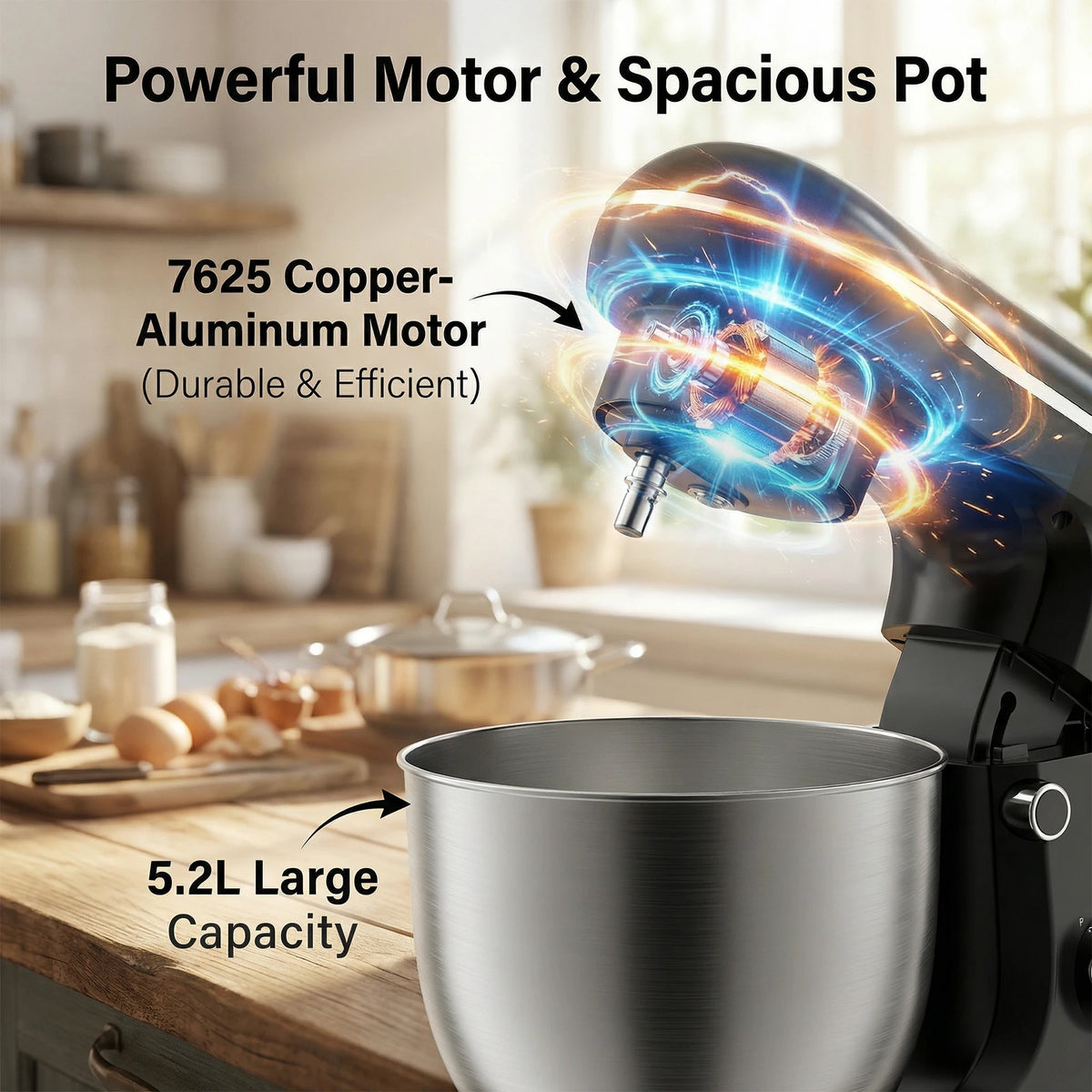Moteur 1500 W et bol inox 5,2 L du robot pâtissier