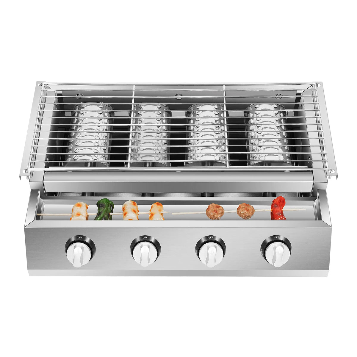 Plancha Gaz 4 Brûleurs Inox – Barbecue de Table Sans Fumée, Grille Amovible (GPL)