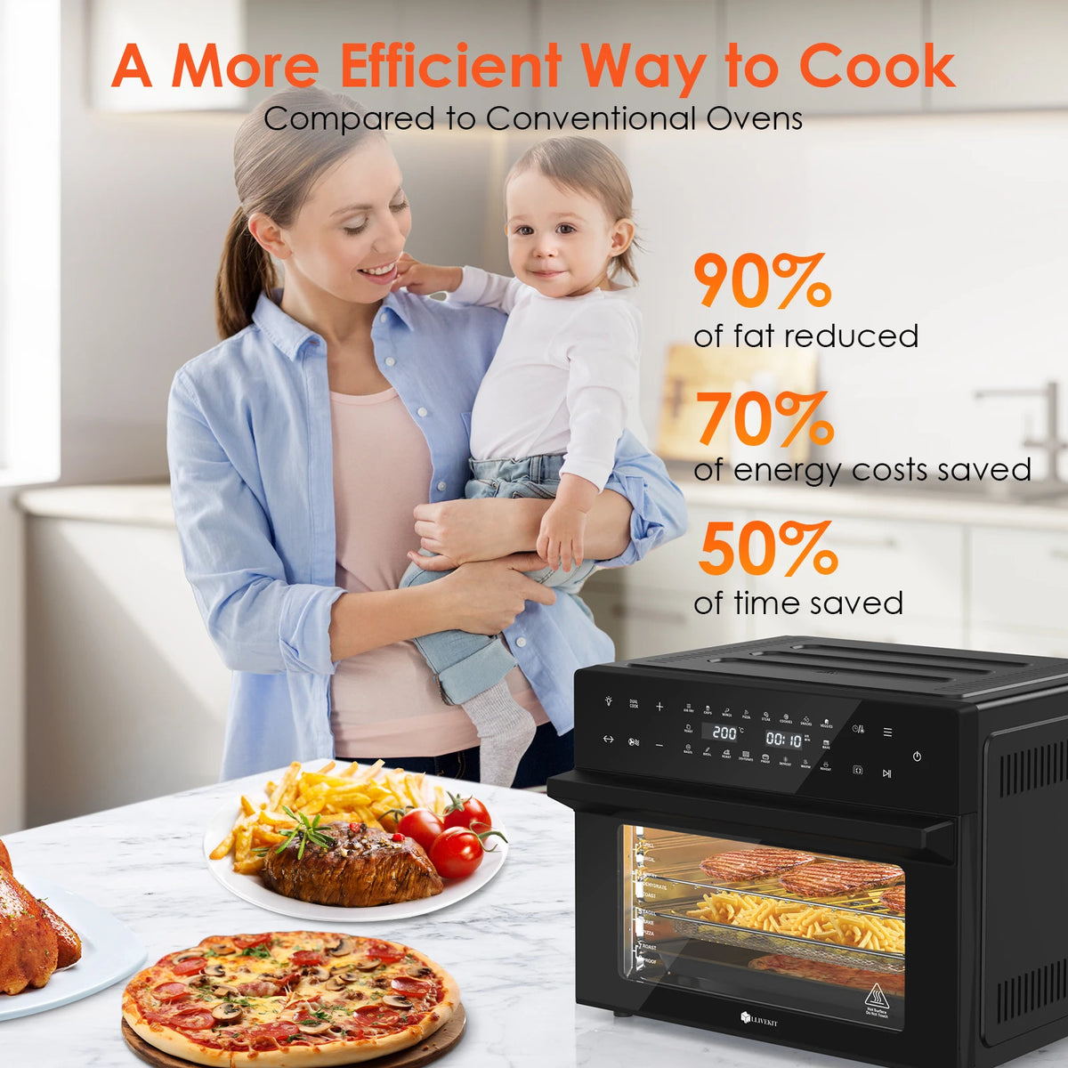 Four air fryer 30 L sur un plan de travail avec pizza et frites