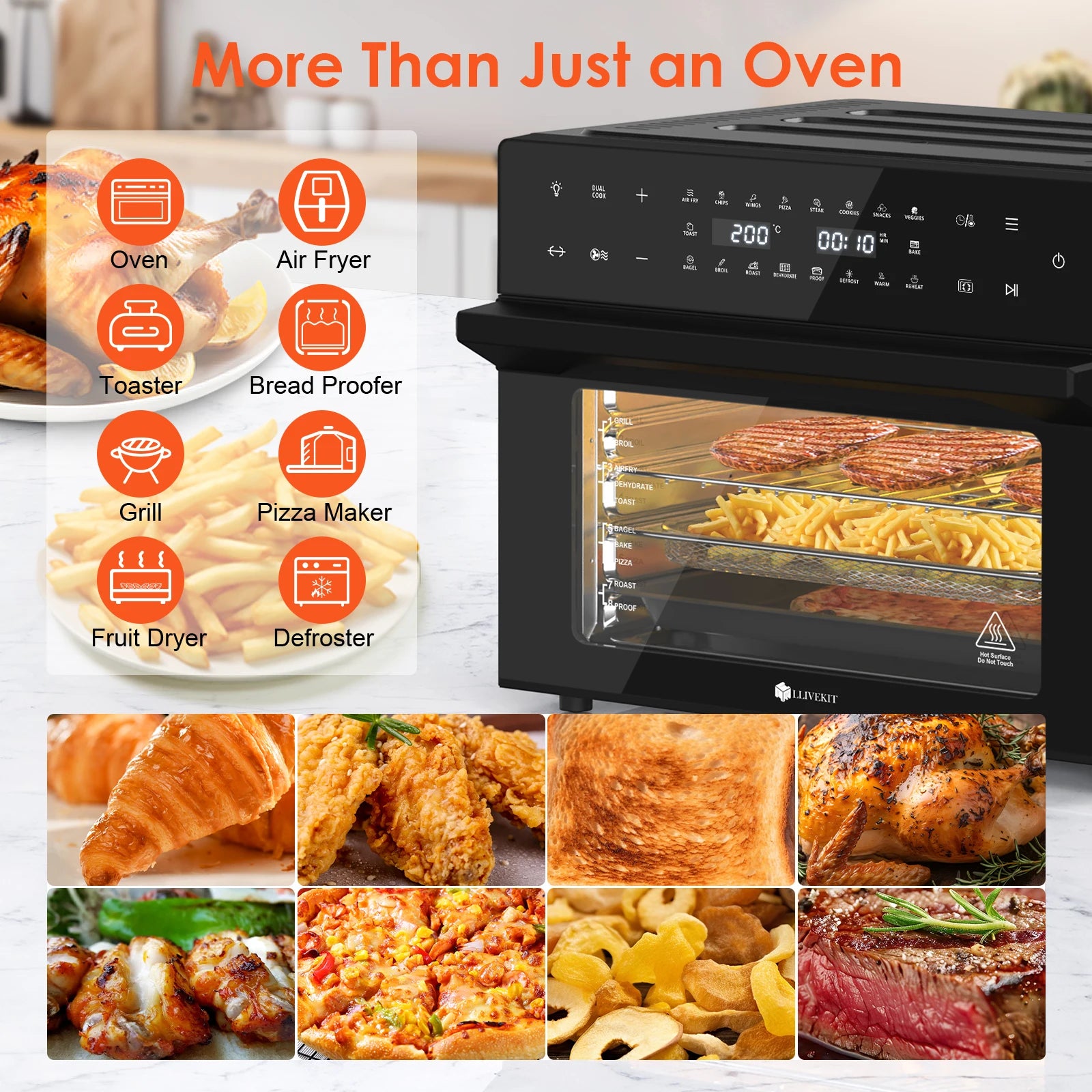 Fonctions du four air fryer 30 L : four, gril, toast, déshydratation, pizza