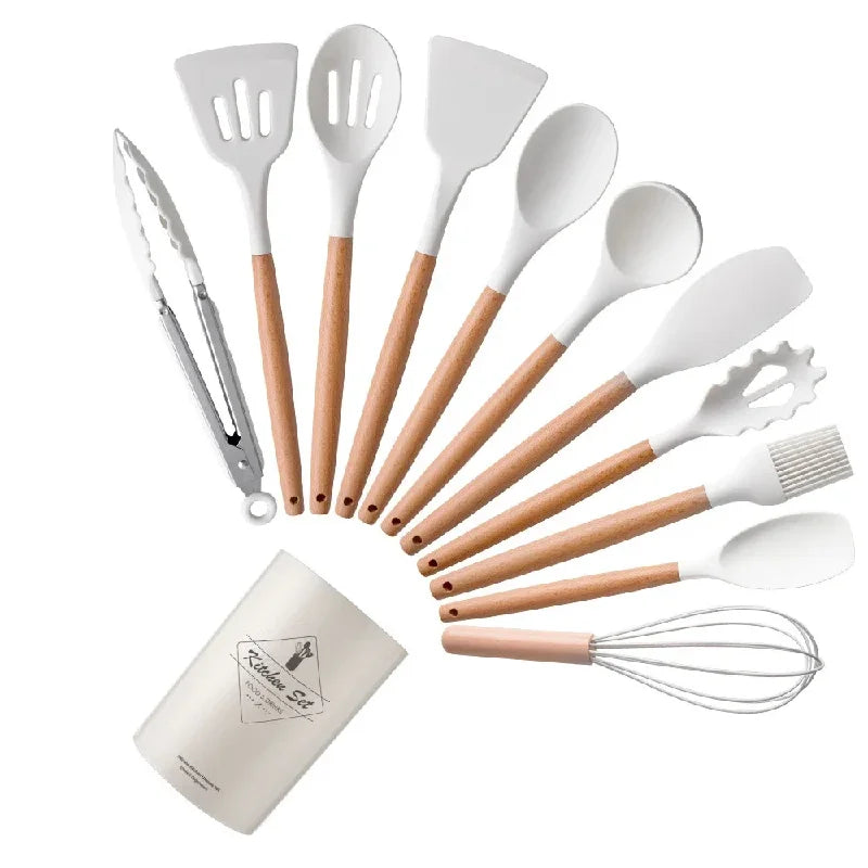 Set Ustensiles Silicone 12 Pieces avec Poignée en Bois - Cuisine