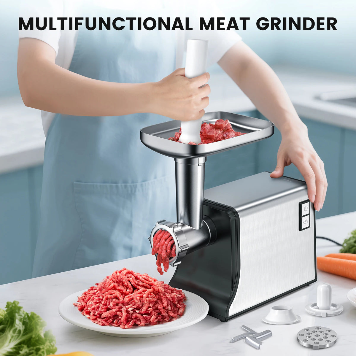 Hachoir électrique multifonction 15L Acier inox 300W Durable