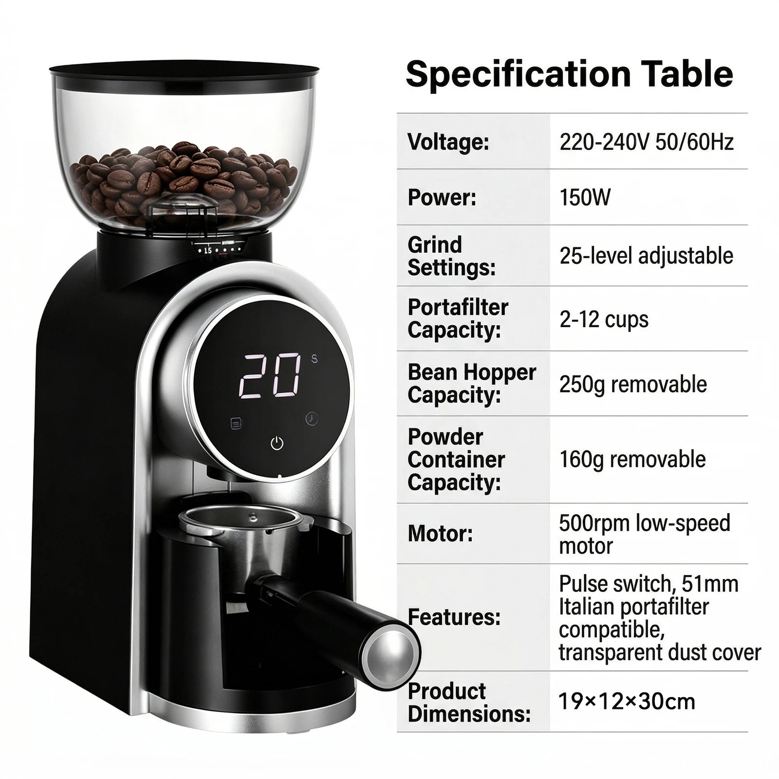 Moulin à café électrique à meules avec porte-filtre sur son support