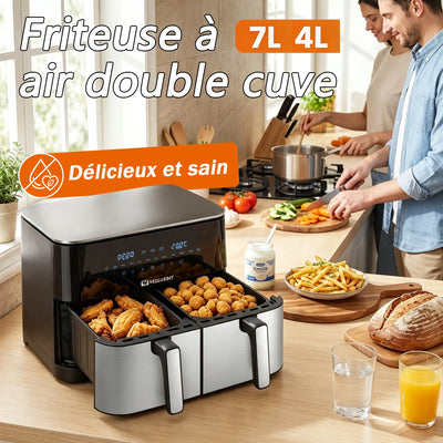 Air fryer double panier 7 L et 4 L dans une cuisine avec ailes et boulettes
