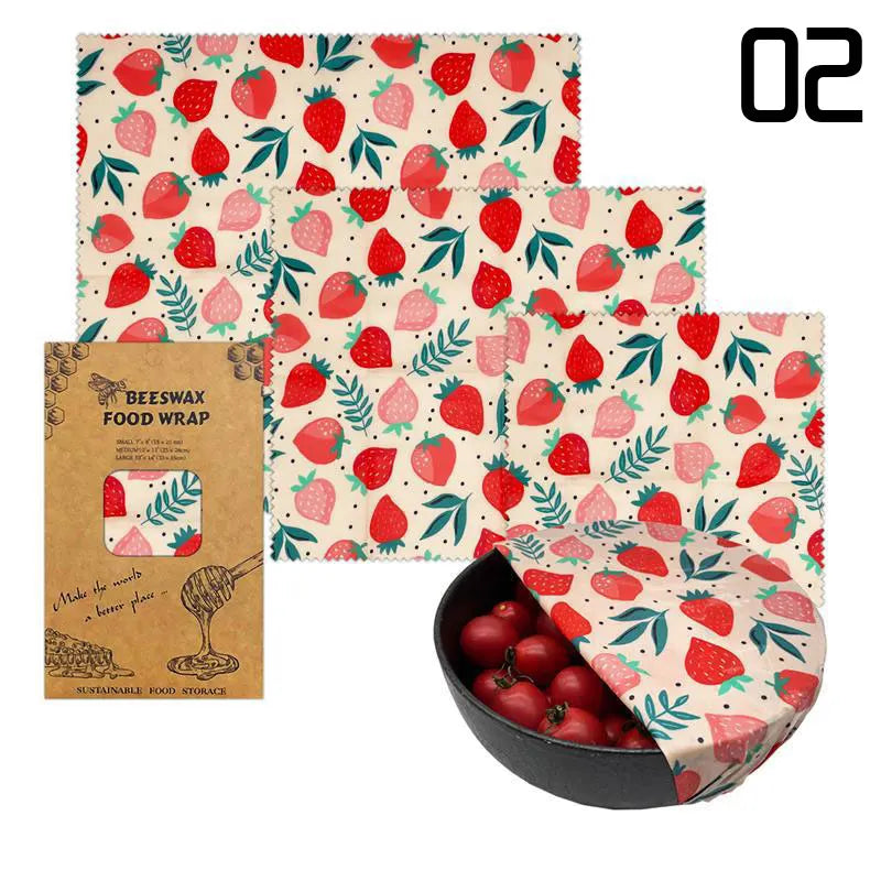 Film Alimentaire Réutilisable Cire d'Abeille Lot de 3 motifs fruités far