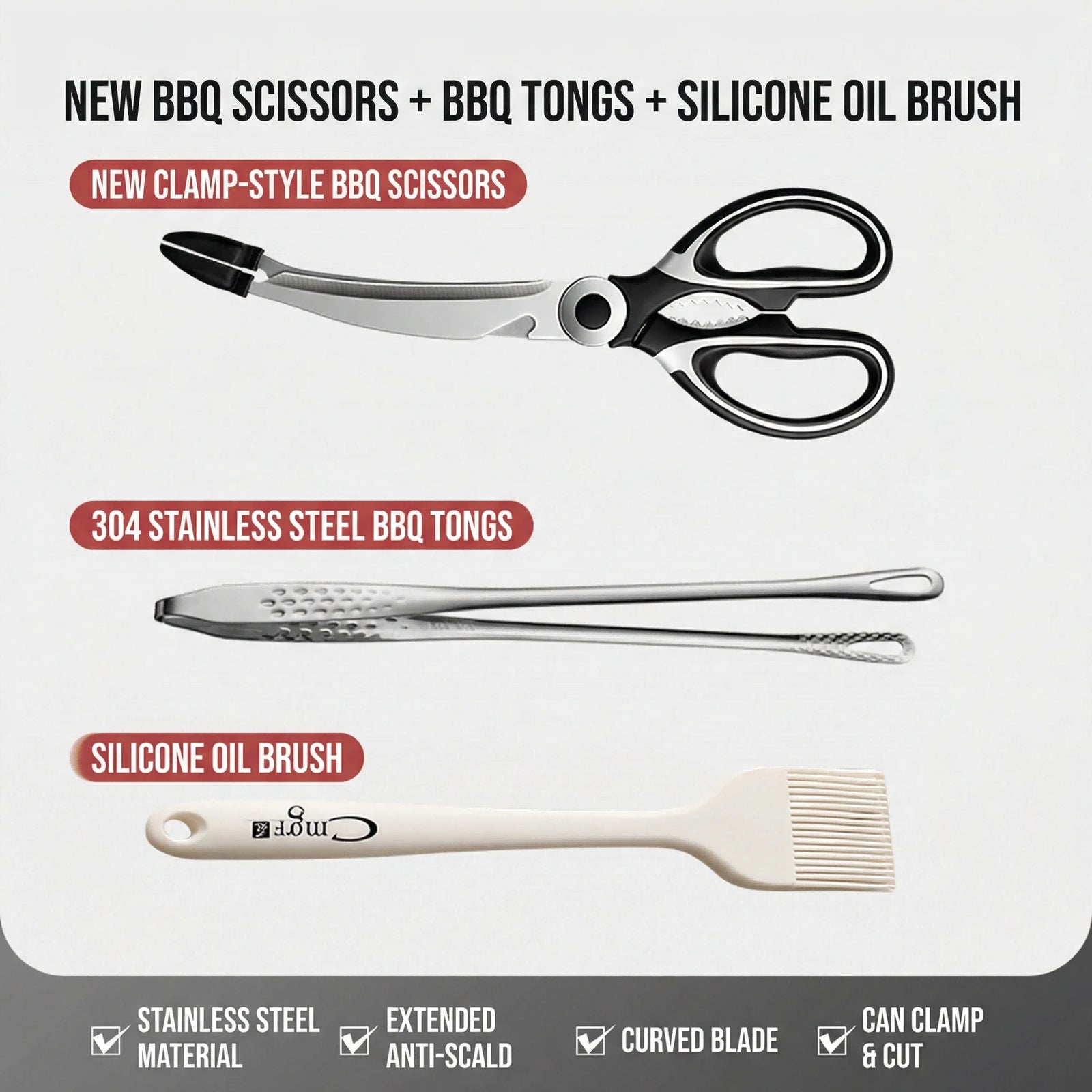 Ciseaux BBQ Multi-Fonctions Inox 304 avec Pince et Brosse Accessoire