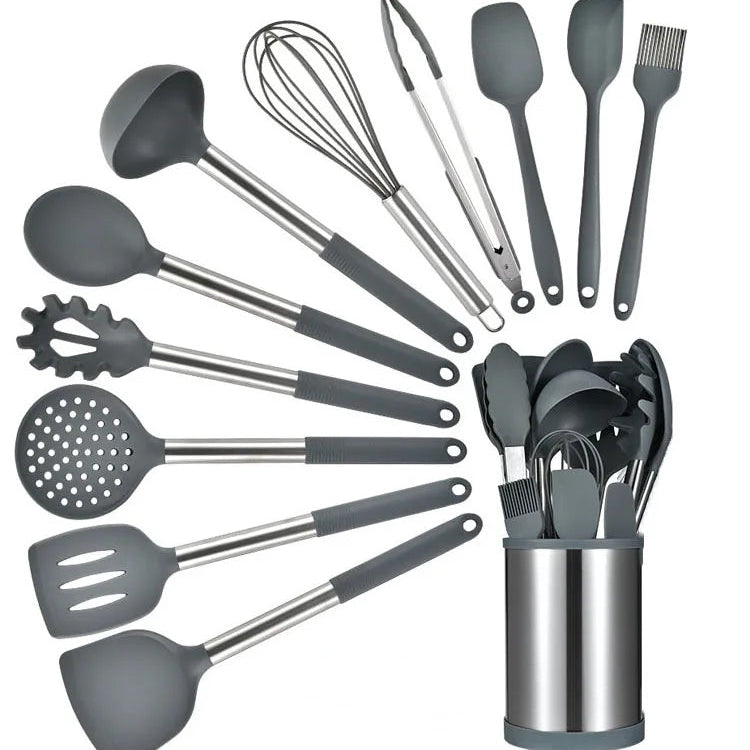 Set d'Ustensiles de Cuisine en Silicone avec Support Rotatif 360° - 12 pièces