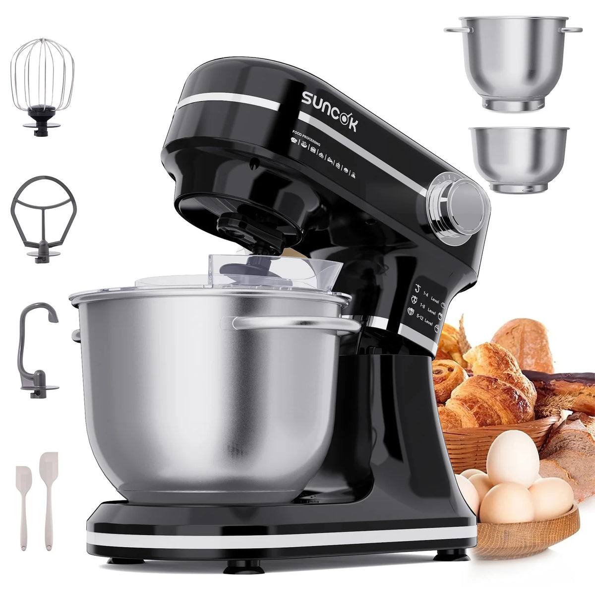Robot pâtissier noir avec 2 bols inox et accessoires