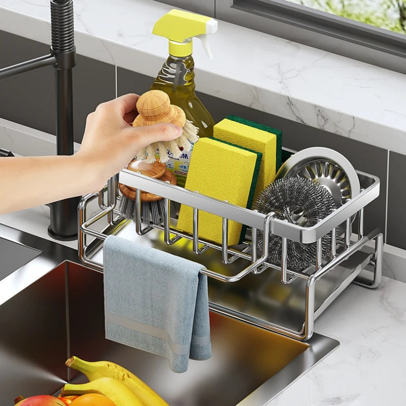 Organiseur d'Évier en Inox Auto-Drainant 23 cm — Porte-Éponge et Porte-Torchon