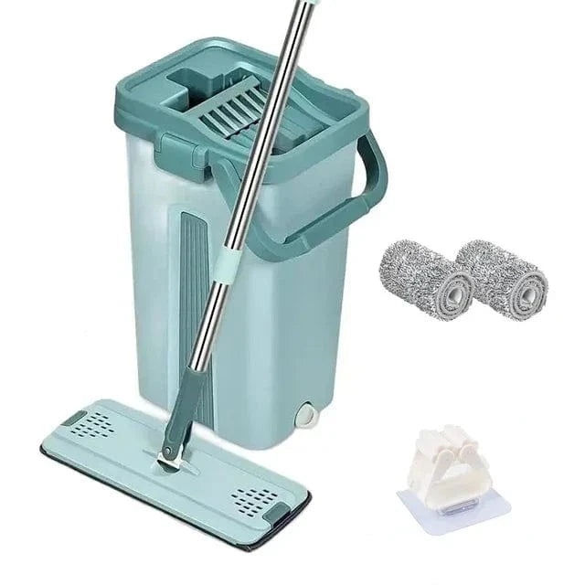 Balai Essoreur Plat avec Seau Mains Libres pour Nettoyage Microfibre Wet Dry sur Parquet Lamifié mop with 2coth