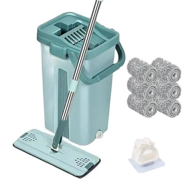 Balai Essoreur Plat avec Seau Mains Libres pour Nettoyage Microfibre Wet Dry sur Parquet Lamifié mop with 6coth