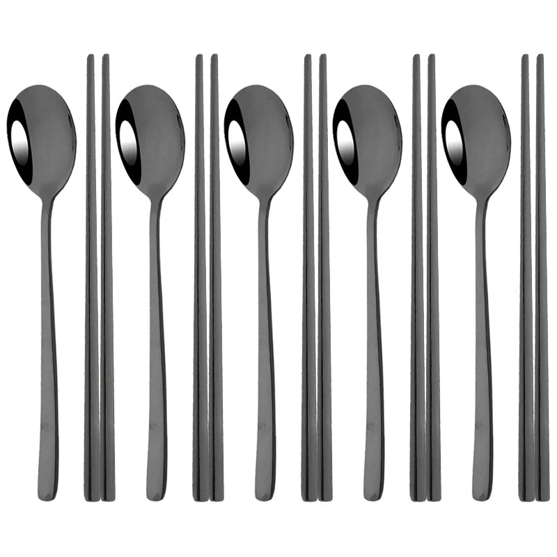 Set couverts coréens inox 304 doré manche noir – 5 cuillères et 5 paires de baguettes