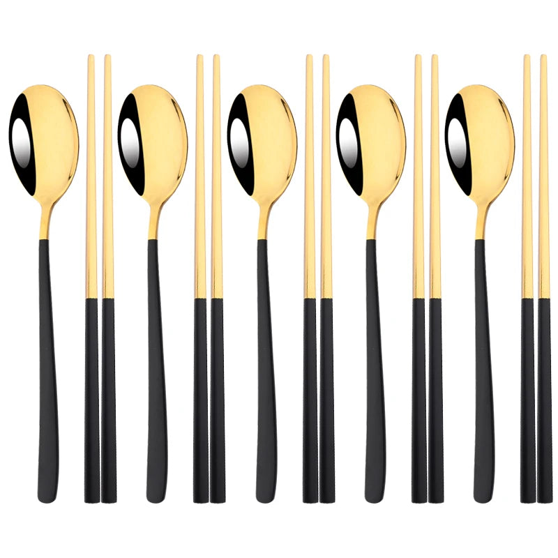 Set couverts coréens inox 304 doré manche noir – 5 cuillères et 5 paires de baguettes