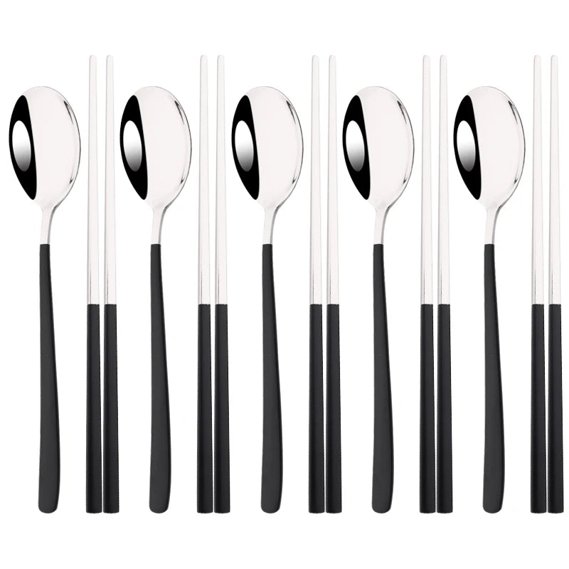 Set couverts coréens inox 304 argenté manche noir – 5 cuillères et 5 paires de baguettes