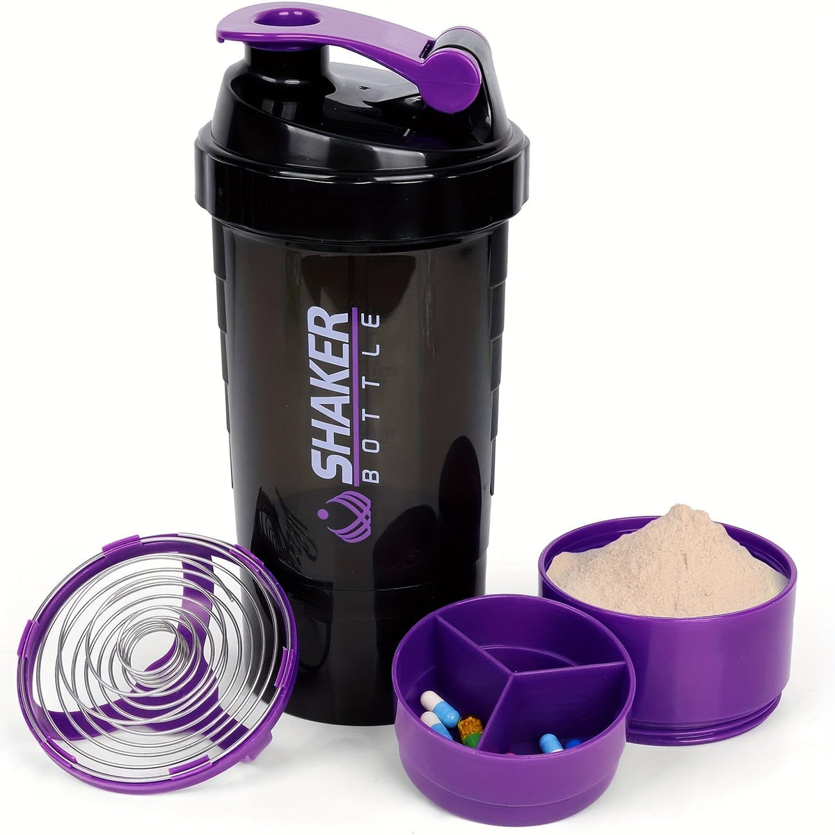 Bouteille Shaker 2 Compartiments Proteine GymHomeAsistantFitness Purple