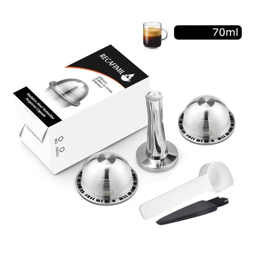 Capsules réutilisables pour Vertuo et Delonghi 2 capsules café court 70 ml + 1 tasseur