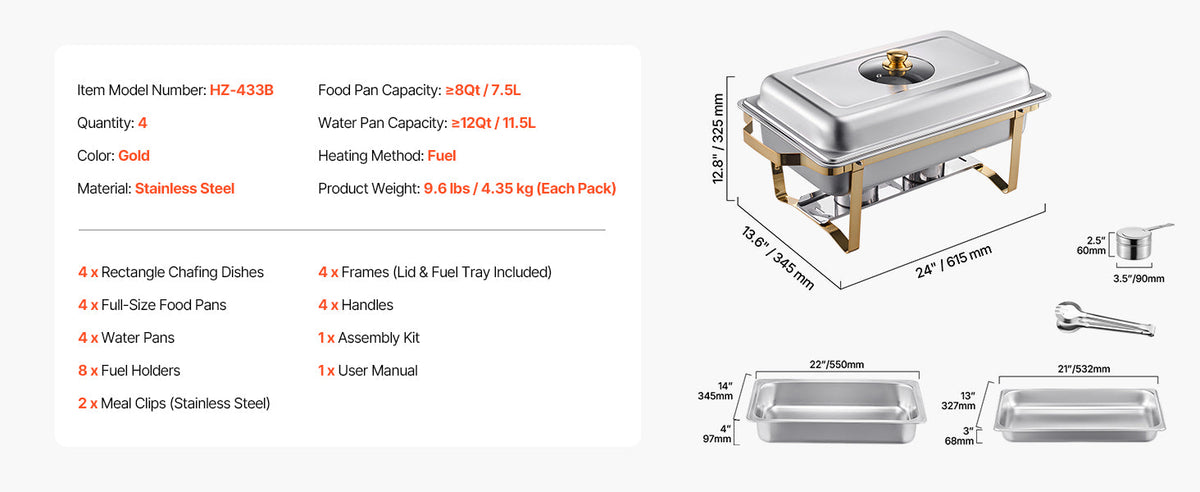 Contenu et dimensions du lot de 4 chafing dishes : 4 grands bacs