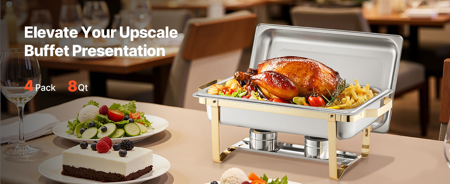 Chafing dish inox doré sur une table de buffet