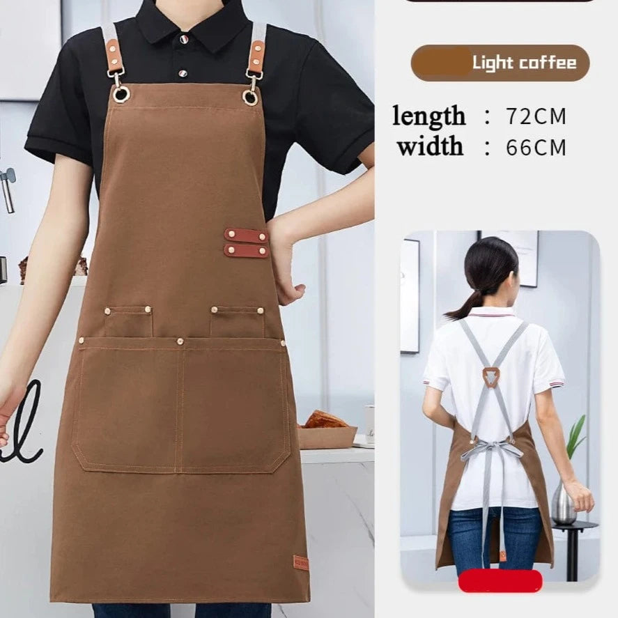 Cross Back Kitchen Apron Waterproof Canvas Chef Apron With Large Pocket and Adjustable Straps For  Bubble BBQ Shop Nail Salon Light Coffee