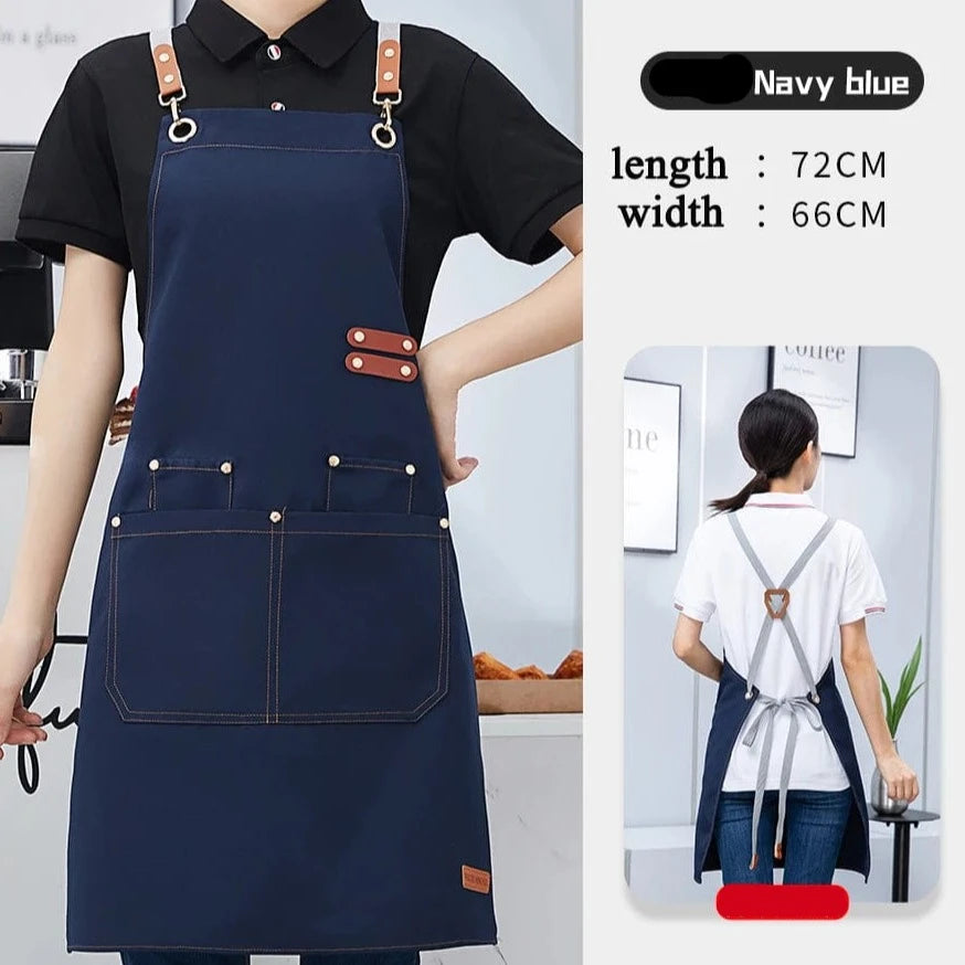 Cross Back Kitchen Apron Waterproof Canvas Chef Apron With Large Pocket and Adjustable Straps For  Bubble BBQ Shop Nail Salon Navy Blue