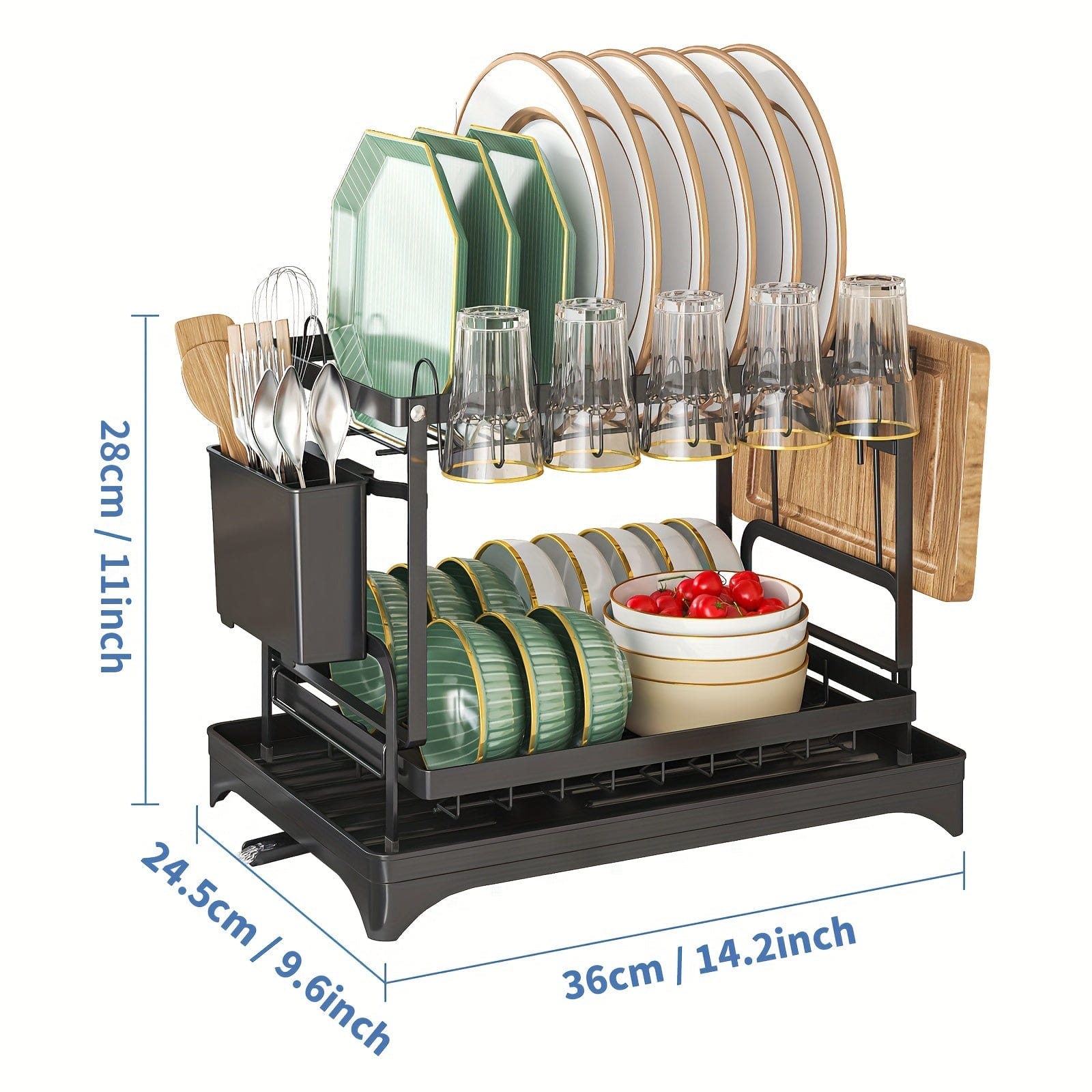 Égouttoir à vaisselle double étages avec range-couverts et égouttoir, Rangement vaisselle multifonction, Grande capacité, Pour plan de travail cuisine 2-Tier-36.07 Cm / Black