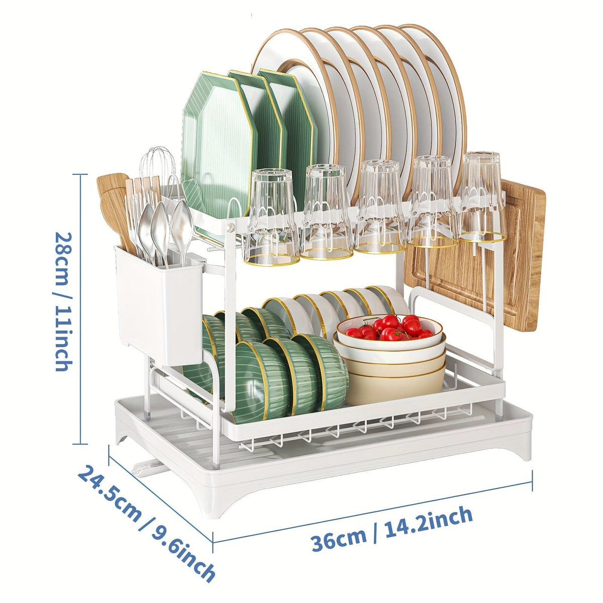 Égouttoir à vaisselle double étages avec range-couverts et égouttoir, Rangement vaisselle multifonction, Grande capacité, Pour plan de travail cuisine 2-Tier-36.07 Cm / White