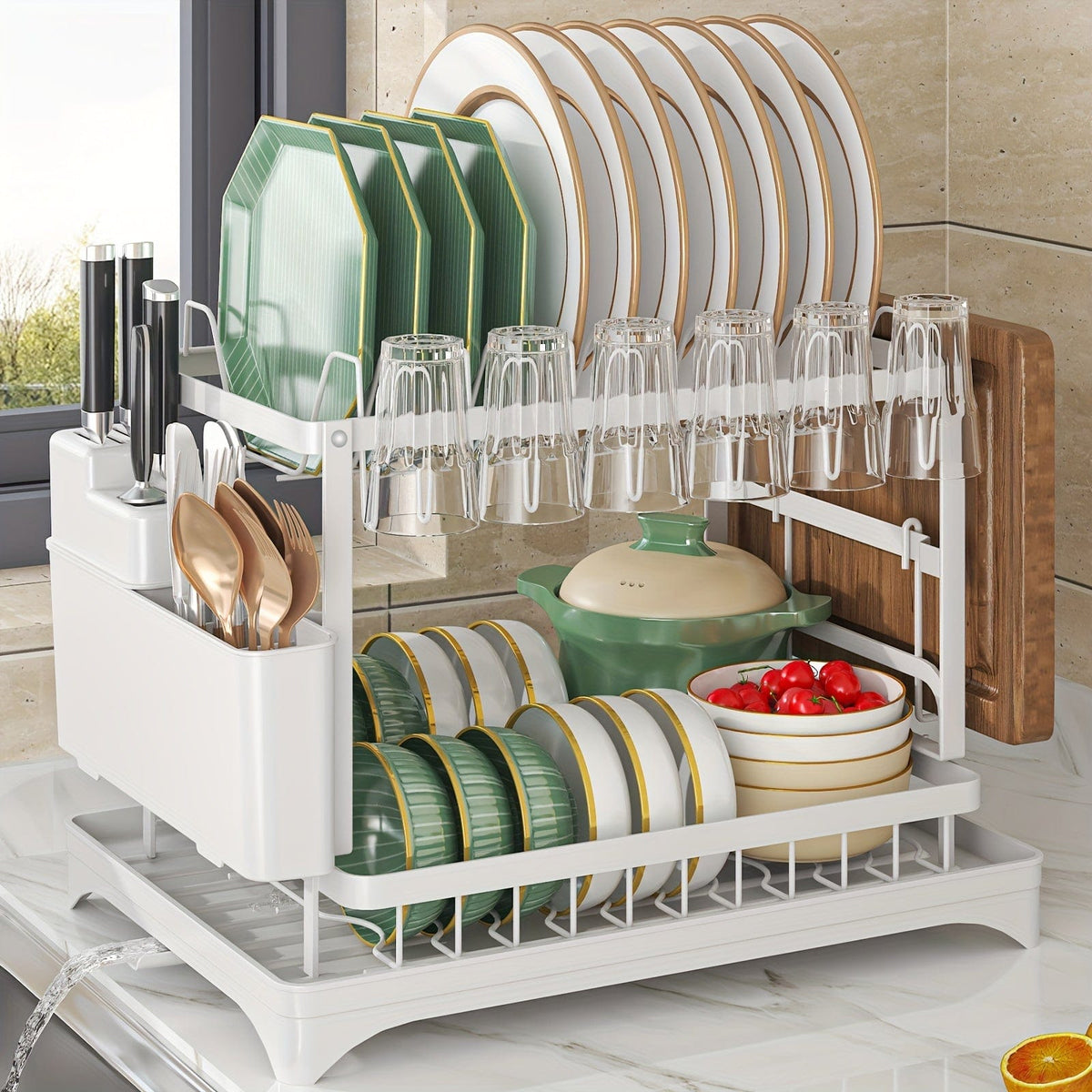 Égouttoir à vaisselle double étages avec range-couverts et égouttoir, Rangement vaisselle multifonction, Grande capacité, Pour plan de travail cuisine