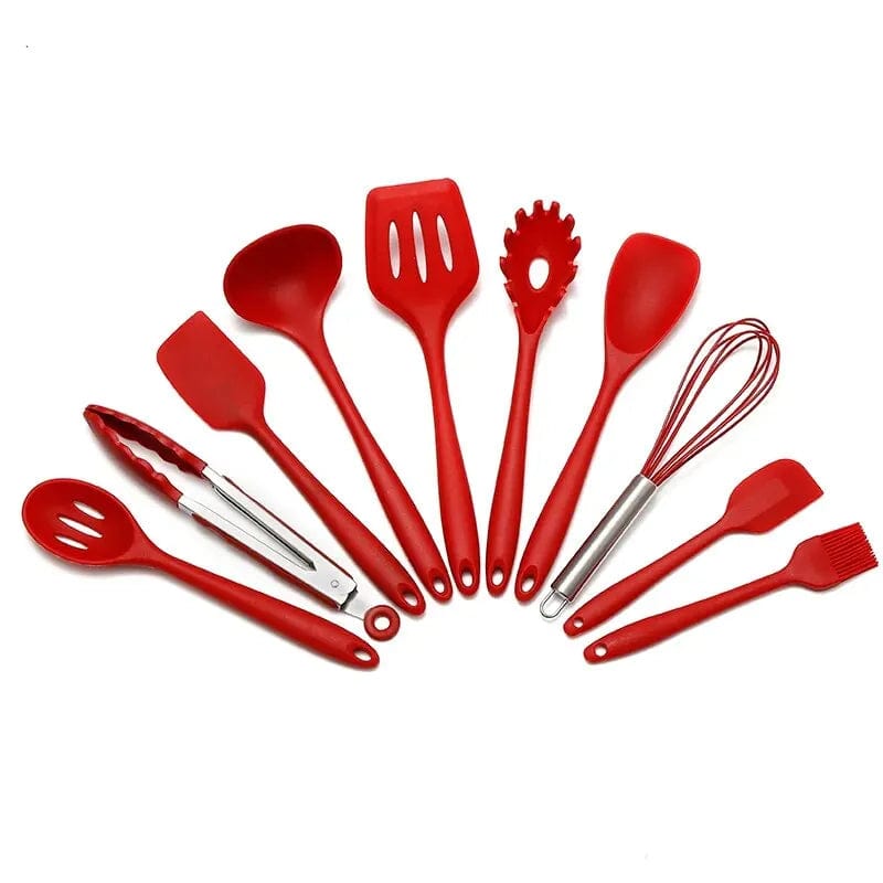 Ensemble d'Ustensiles de Cuisine en Silicone 10 Pièces red