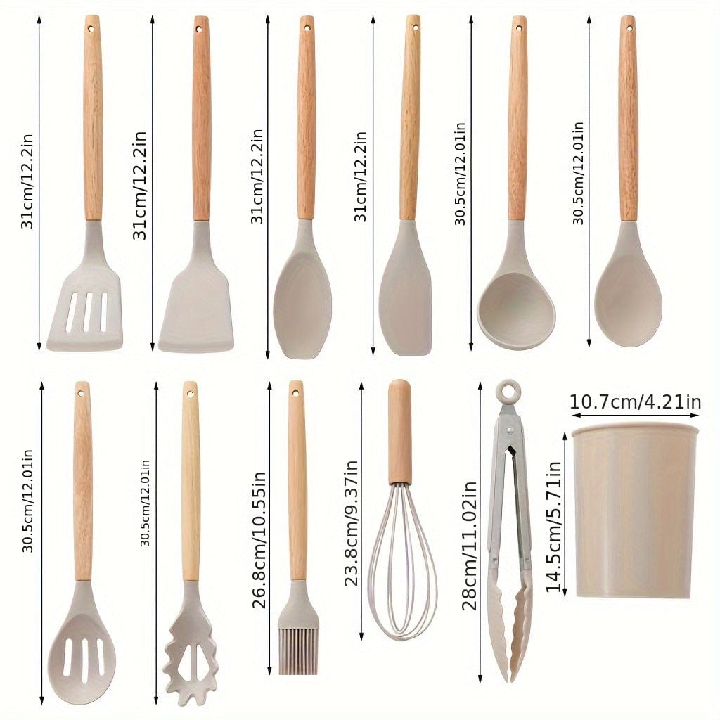 Ensemble d'Ustensiles de Cuisine en Silicone Beige avec Manche en Bois - Lot de 12, Ustensiles de Cuisine Sûrs, Anti-adhésifs, Lavables - Accessoires de Cuisine, Gadgets de Cuisine