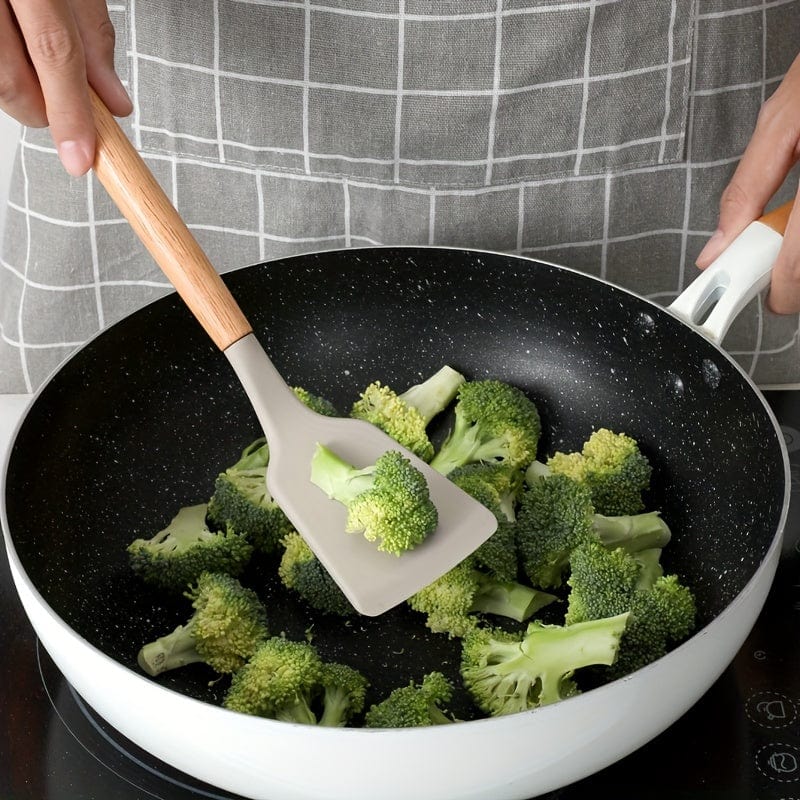 Ensemble d'Ustensiles de Cuisine en Silicone Beige avec Manche en Bois - Lot de 12, Ustensiles de Cuisine Sûrs, Anti-adhésifs, Lavables - Accessoires de Cuisine, Gadgets de Cuisine