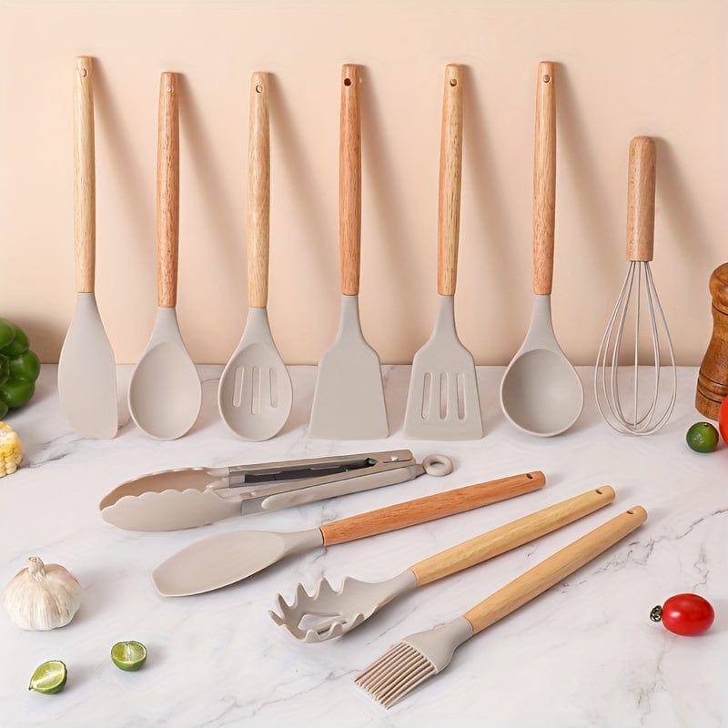 Ensemble d'Ustensiles de Cuisine en Silicone Beige avec Manche en Bois - Lot de 12, Ustensiles de Cuisine Sûrs, Anti-adhésifs, Lavables - Accessoires de Cuisine, Gadgets de Cuisine