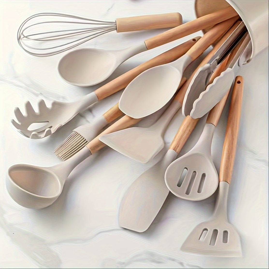 Ensemble d'Ustensiles de Cuisine en Silicone Beige avec Manche en Bois - Lot de 12, Ustensiles de Cuisine Sûrs, Anti-adhésifs, Lavables - Accessoires de Cuisine, Gadgets de Cuisine