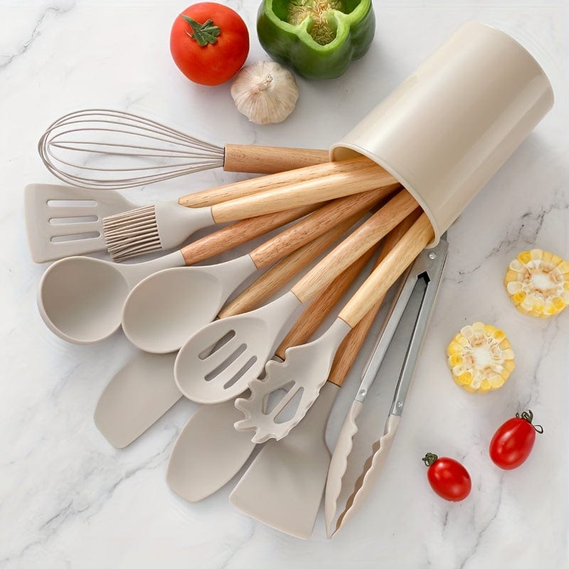 Ensemble d'Ustensiles de Cuisine en Silicone Beige avec Manche en Bois - Lot de 12, Ustensiles de Cuisine Sûrs, Anti-adhésifs, Lavables - Accessoires de Cuisine, Gadgets de Cuisine