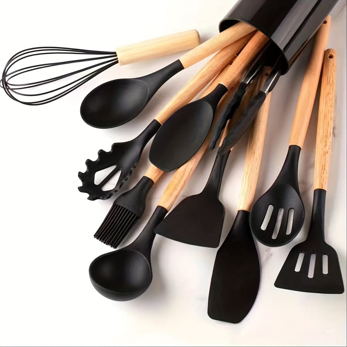Ensemble d'Ustensiles de Cuisine en Silicone Beige avec Manche en Bois - Lot de 12, Ustensiles de Cuisine Sûrs, Anti-adhésifs, Lavables - Accessoires de Cuisine, Gadgets de Cuisine Black